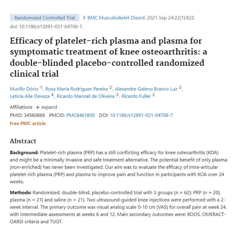 Leia mais sobre o artigo Efficacy of platelet-rich plasma and plasma for symptomatic treatment of knee osteoarthritis: a double-blinded placebo-controlled randomized clinical trial
