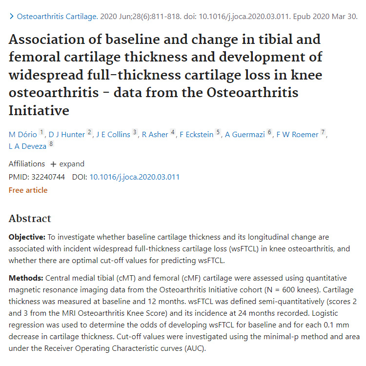 Leia mais sobre o artigo Association of baseline and change in tibial and femoral cartilage thickness and development of widespread full-thickness cartilage loss in knee osteoarthritis – data from the Osteoarthritis Initiative