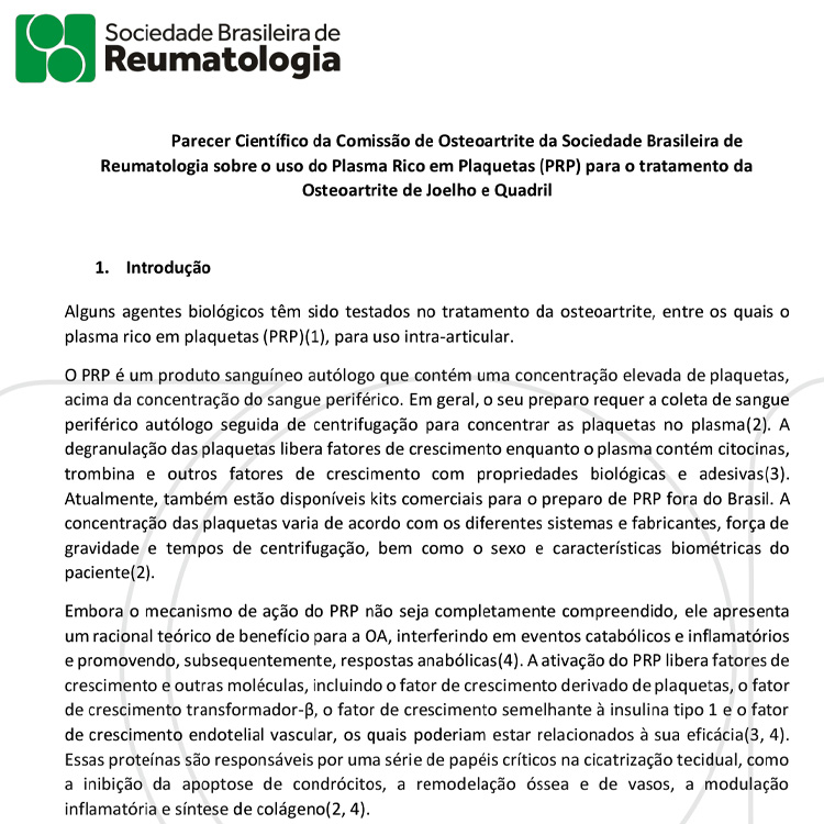 Leia mais sobre o artigo Parecer Científico da Comissão de Osteoartrite da Sociedade Brasileira de Reumatologia sobre o uso do Plasma Rico em Plaquetas (PRP) para o tratamento da Osteoartrite de Joelho e Quadril.